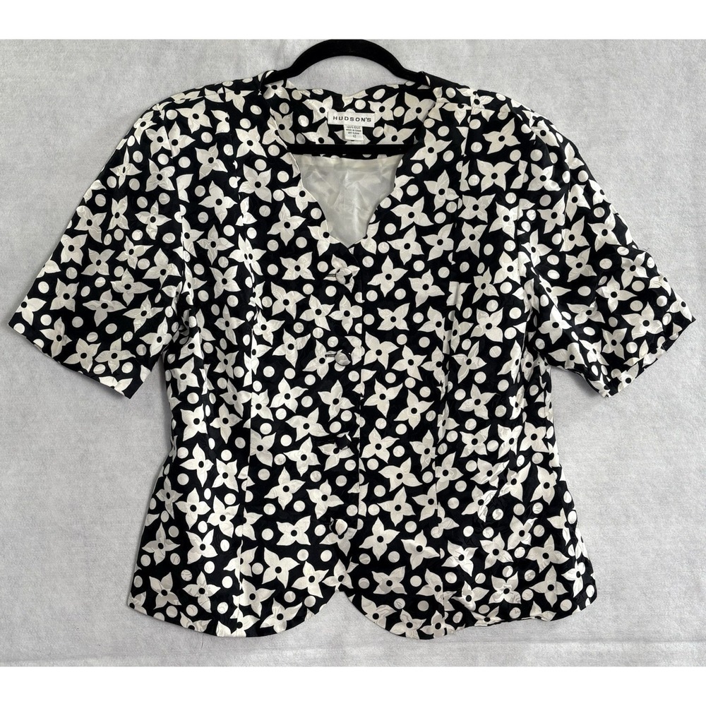 HUDSON'S Women Button Front Short Puff Sleeve Silk Blazer Sz 12 Black White